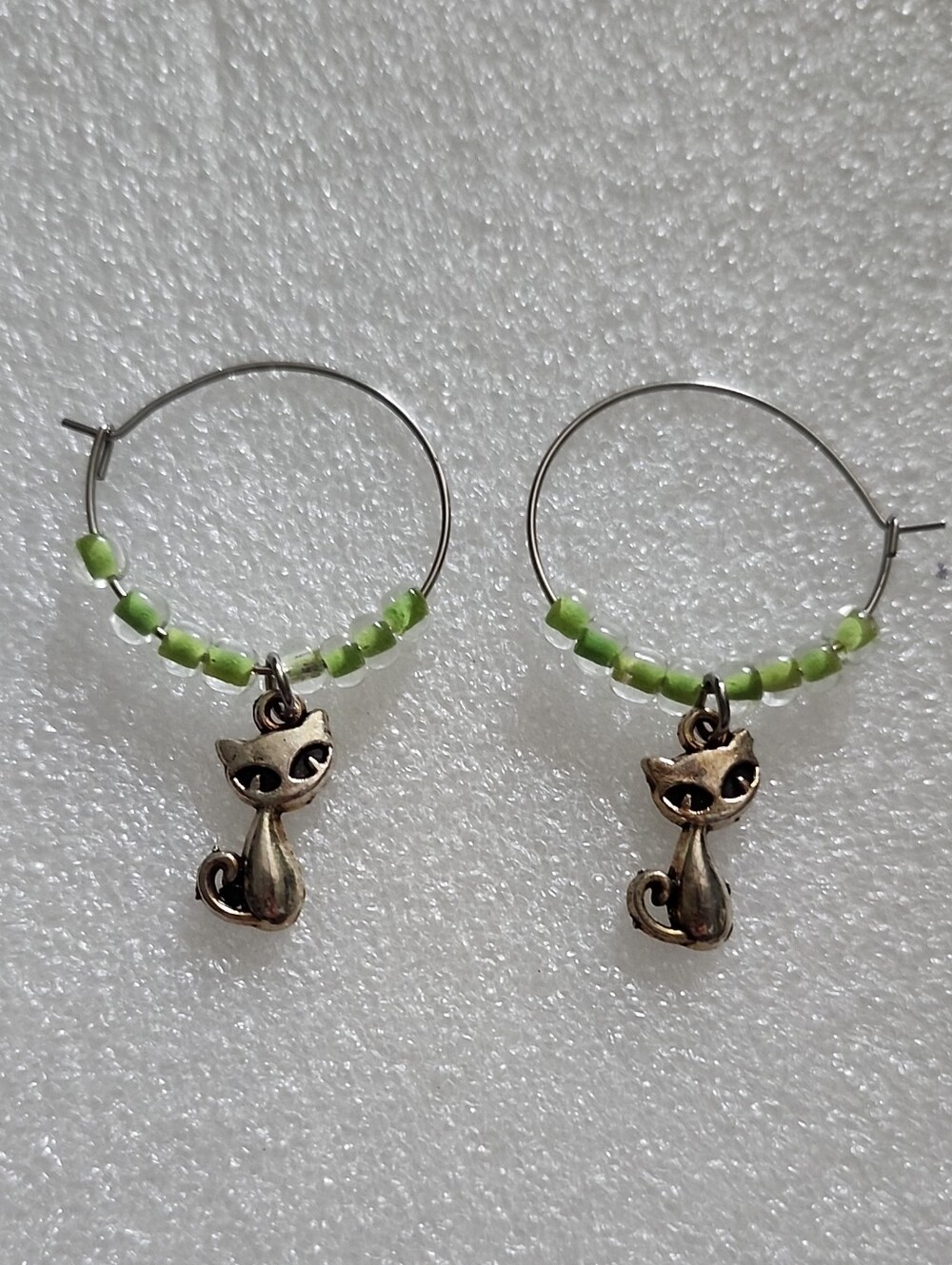 Hand Crafted Green Beaded Hoop Earrings with Cat Charms